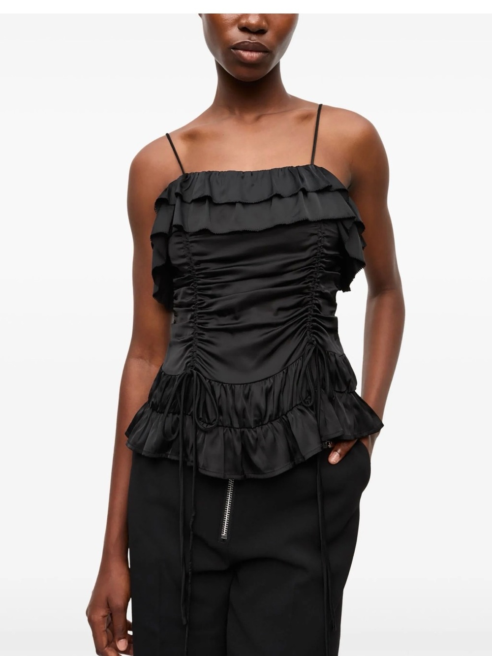 Ganni NWT Ruffled Draped Satin Spaghetti-Strap Top - Black sz 38